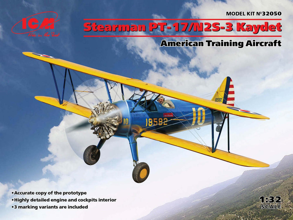 ICM 1/32 Stearman PT-17/N2S-3 Kaydet , American Training Aircraft (100% new molds) 1/32
