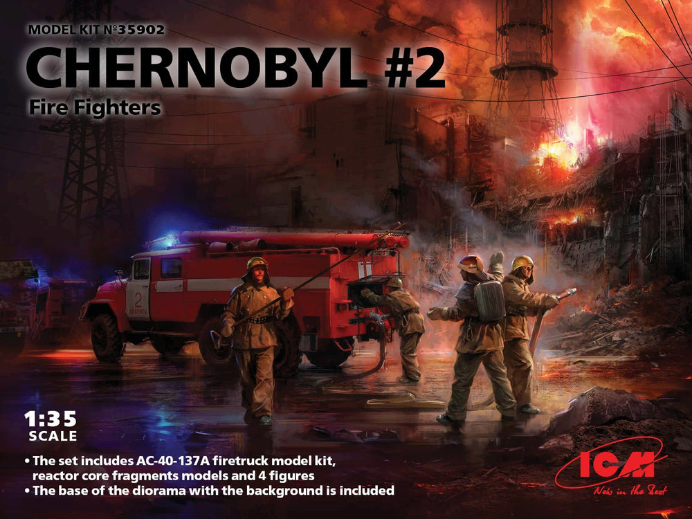 ICM 1/35 Chernobyl#2. Fire Fighters (AC-40-137A firetruck & 4 figures & diorama base with background)