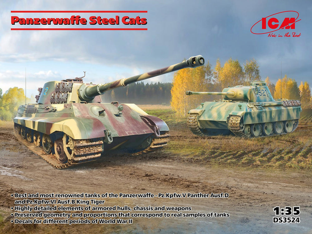 ICM 1/35 WW2 German Panzerwaffe Steel Cats (Pz.Kpfw.V Panther Ausf.D & Pz.Kpfw.VI Ausf.B King Tiger Tanks)