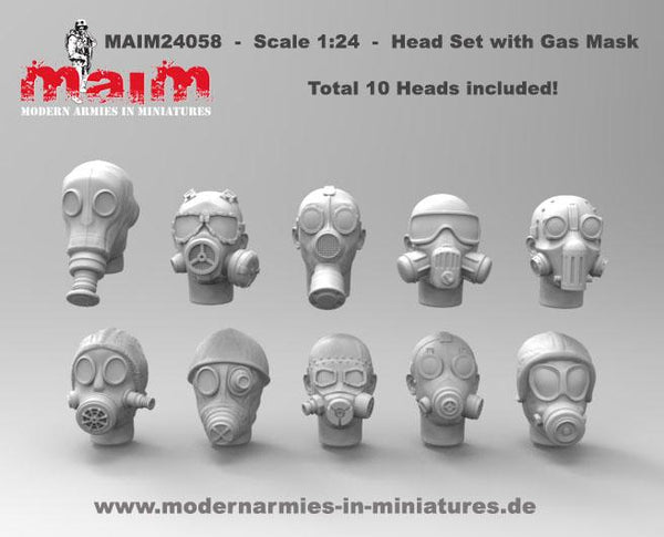 Head Set - Gas Mask wearing (10 Heads) / 1:24