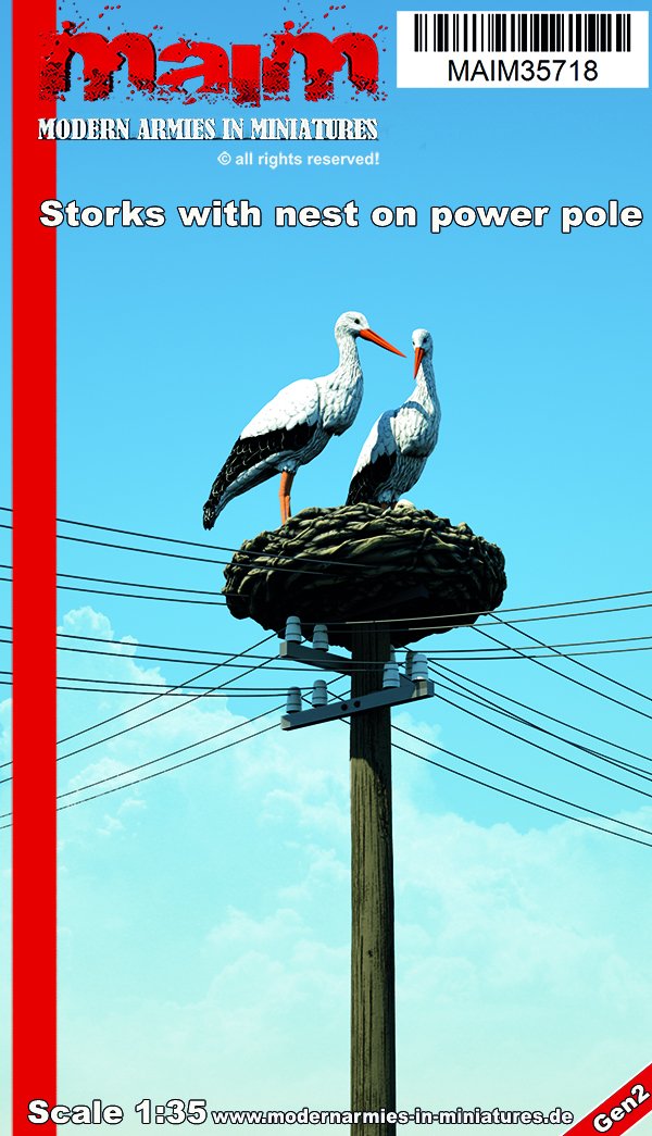 MaiM 1/35 scale 3D printed Storks with nest on power pole / 1:35