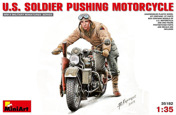Miniart 1:35 U.S. Soldier Pushing Motorcycle