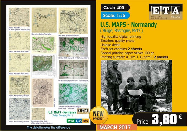 U.S. Maps Normandy - Bulge, Bastogne, Metz - 1/35 scale - 2 sheets