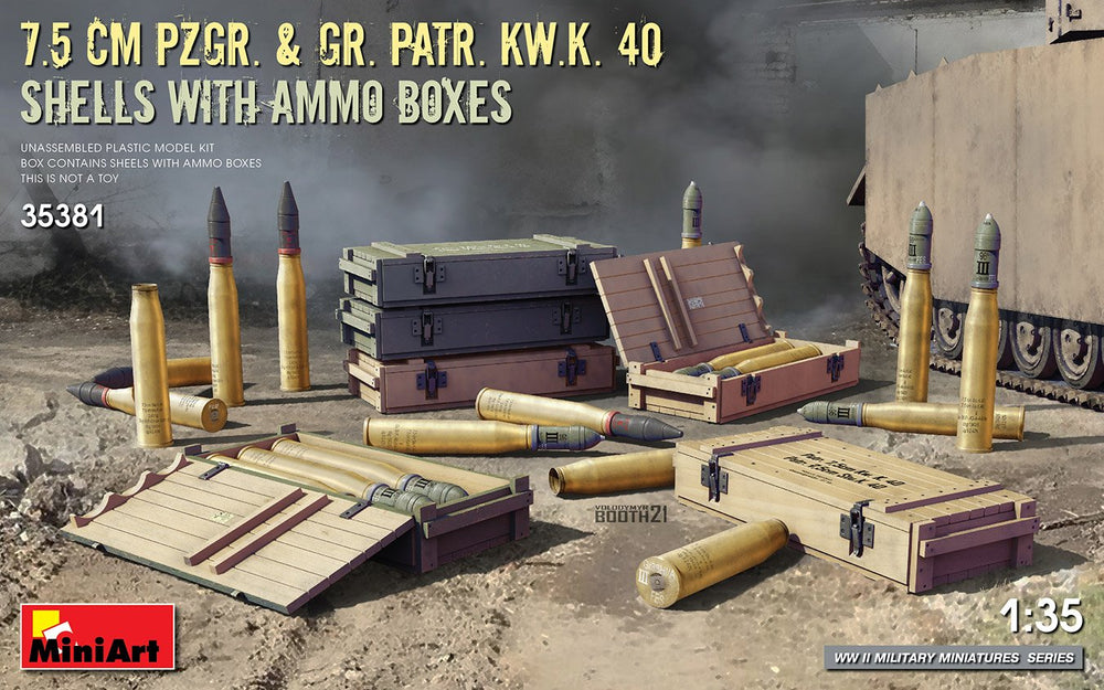 Miniart 1/35 scale WW2 German 7.5 CM PZGR. & GR. PATR. KW.K. 40 SHELLS WITH AMMO BOXES