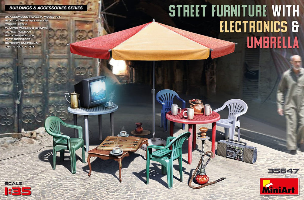 Miniart 1/35 scale STREET FURNITURE WITH ELECTRONICS & UMBRELLA