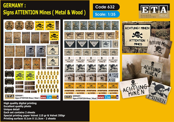 WW2 German Mine Warning Signs - Metal &Wood - 1/35 scale - 2 sheets