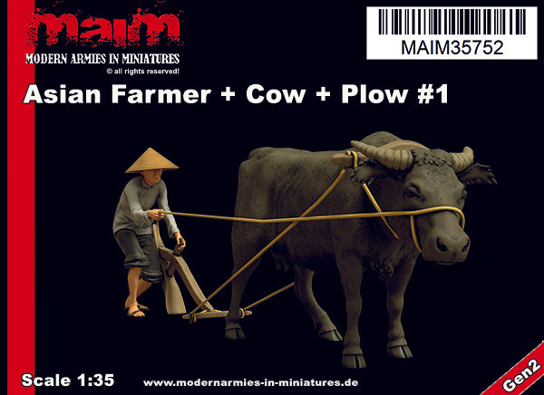 1/35 scale 3D printed model kit - Asian Man ploughing behind cow