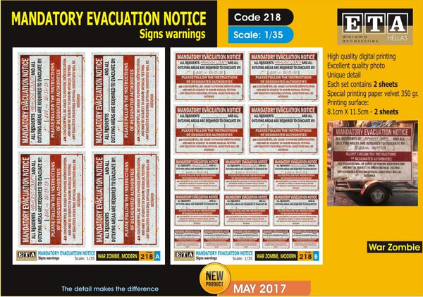 1/35 scale kit Mandatory Evacuation Notice Signs Warnings - Zombie wars - 1/35 scale - 2 sheets